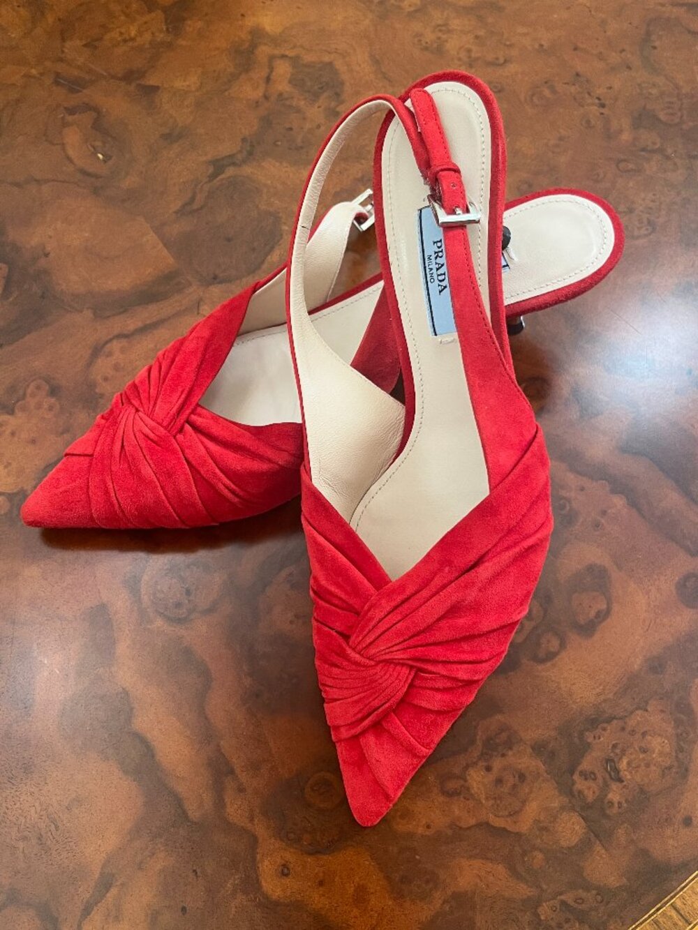 PRADA Red Suede Twist Slingback Pointed Toe Sandals Size IT 38 US 7